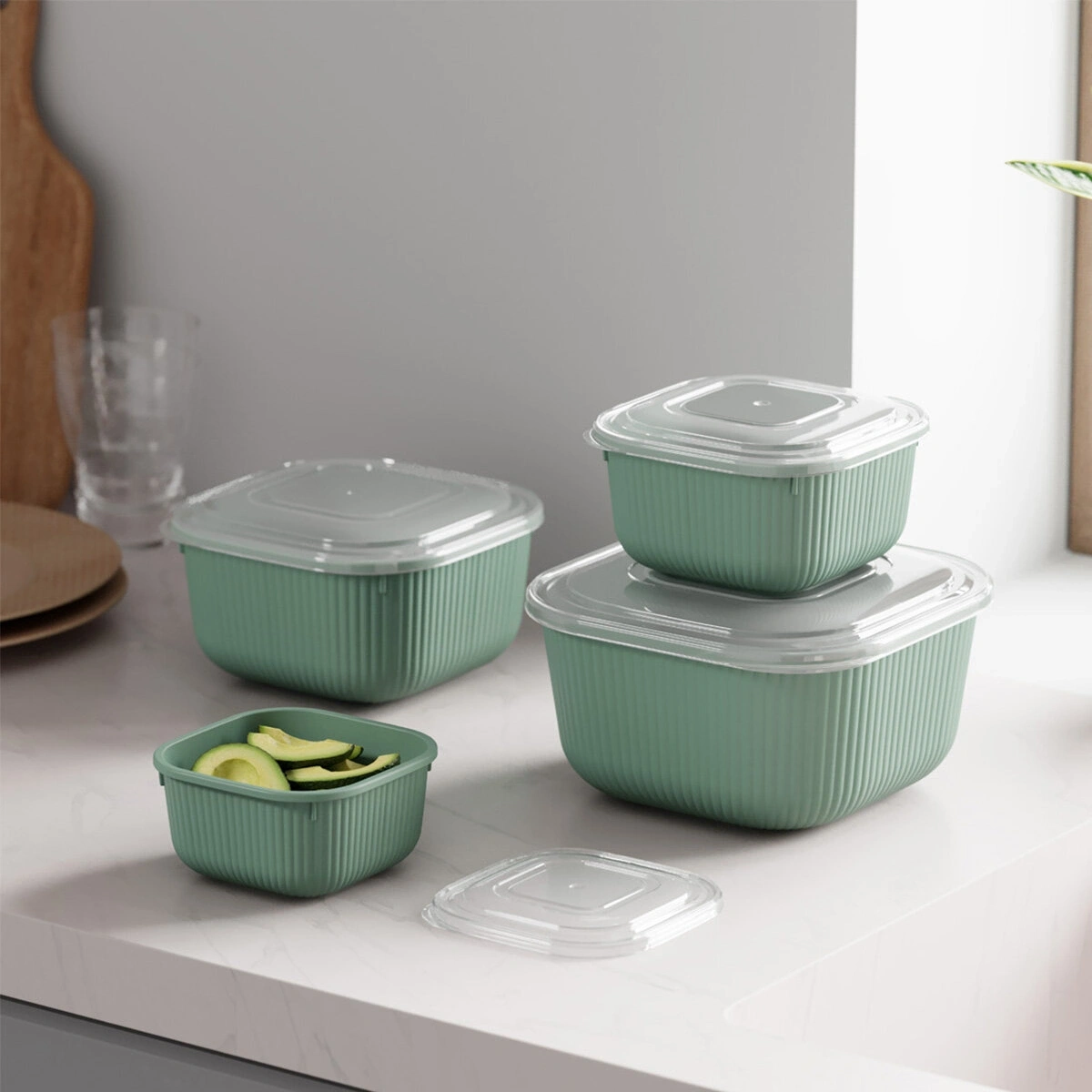 DÜNYA-30910-999 ( KARE ) ( 4PCS= 600-1100-1800-3000ML ) SIZDIRMAZ SAKLAMA KABI & KUTUSU SET (RENKLİ & ŞEFFAF PLS.KAP)*12=K