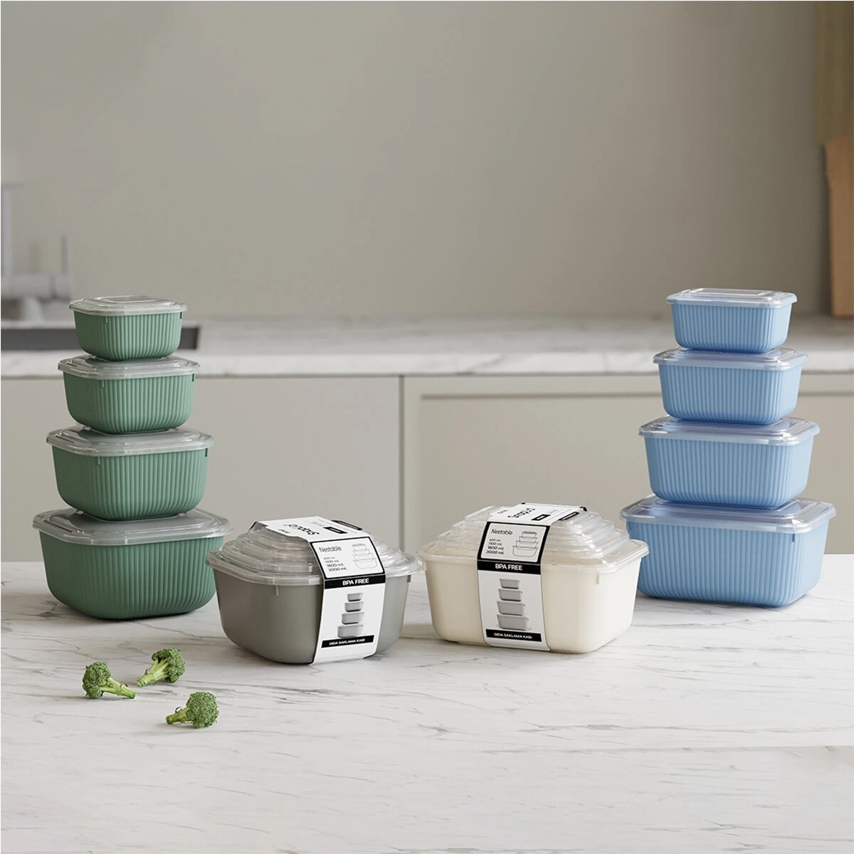 DÜNYA-30950-999 ( DİKDÖRTGEN ) ( 3PCS= 600-1100-1800-3000ML ) SIZDIRMAZ SAKLAMA KABI & KUTUSU SET (RENKLİ & ŞEFFAF PLS.KAP)*12=K