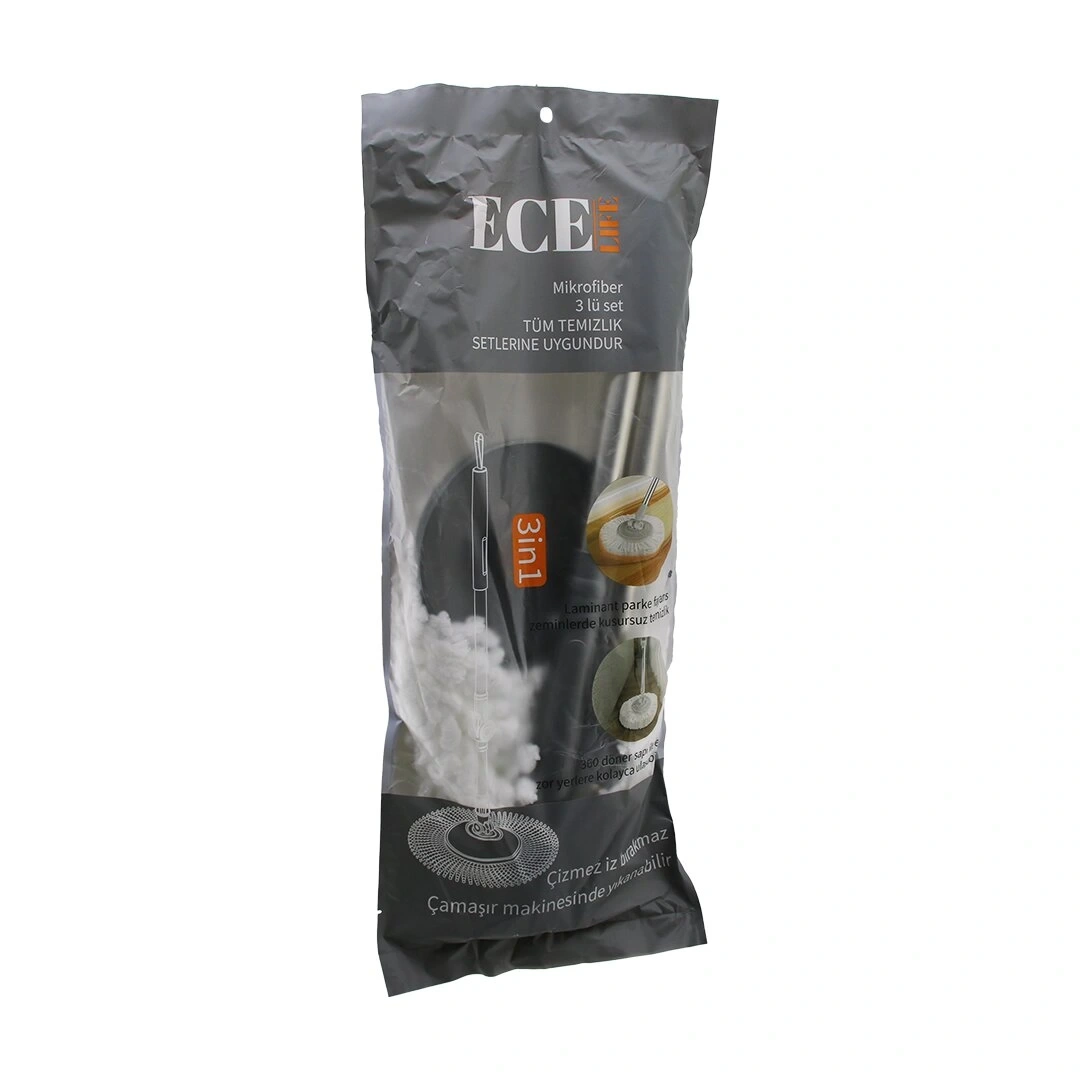 ECE LIFE EC-109 (3İN1) MİKROFİBER (OTOMATİK MOP) (YEDEK) SETİ  (360° DÖNER METAL SAP=100CM + M.FİBER PAMUK MOP=120GR )*50