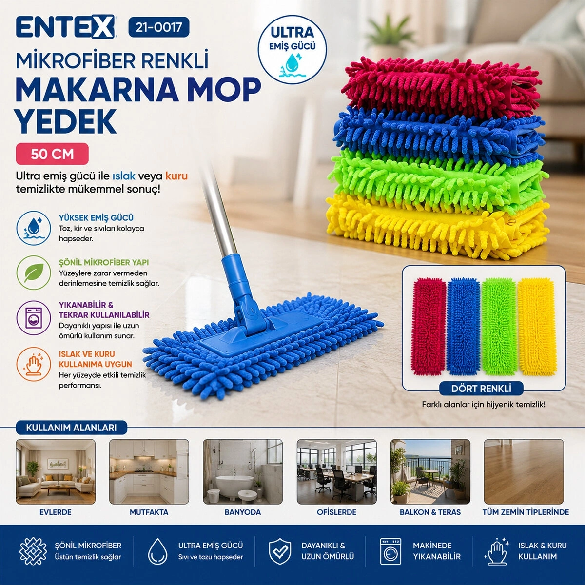 VİPER VİPEX ENTEX ( 50CM ) ( YEDEK ) MİKROFİBER RENKLİ ( MAKARNA ) MOP*12X15