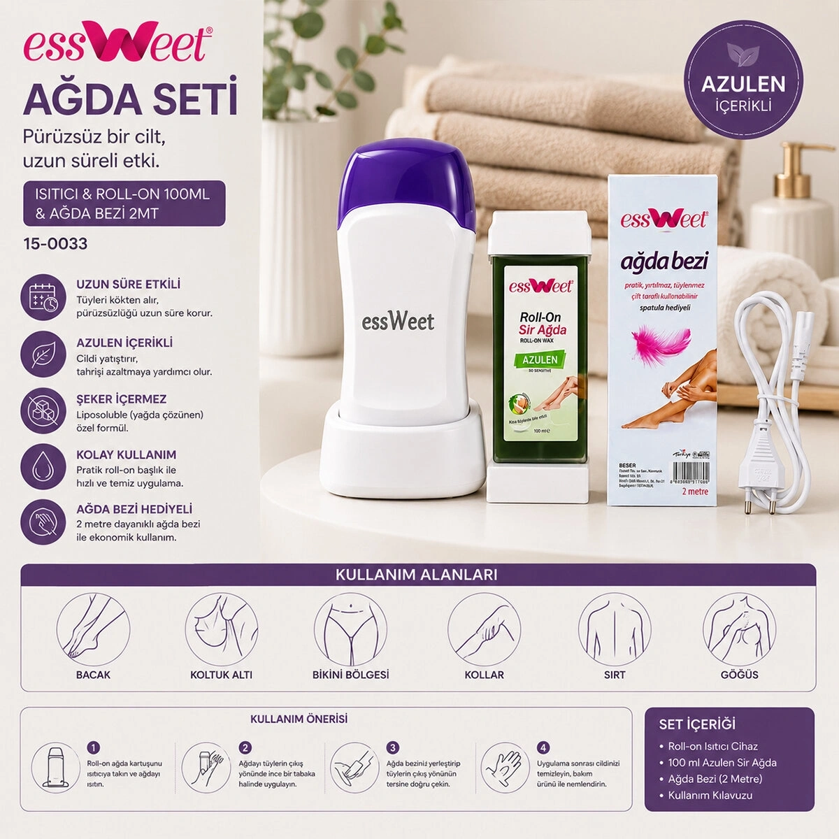 ESSWEET AĞDA SETİ ( ISITICI & ROLL-ON 100ML & AĞDA BEZİ 2MT )*16