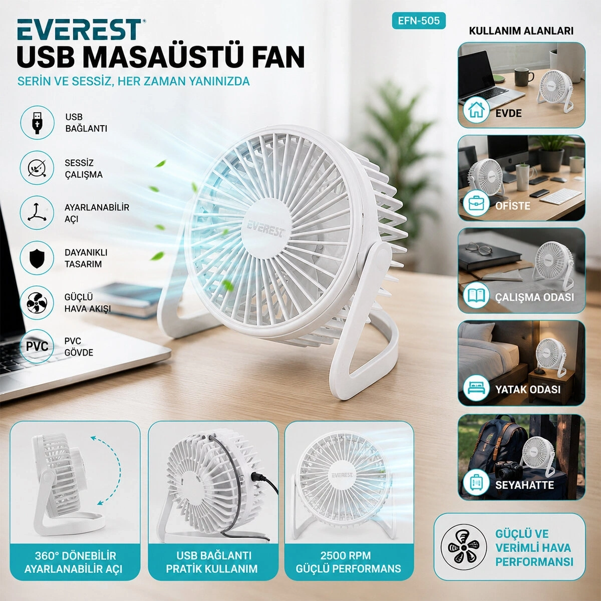 EVEREST EFN-505 ( USB ŞARJLI & PVC GÖVDE ) ( 14.5X14.1CM ) MASA ÜSTÜ FAN & VANTİLATÖR*30
