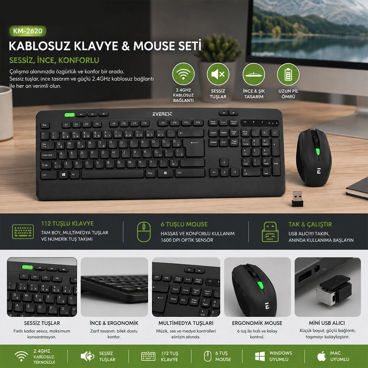 EVEREST KM-2620 ( KABLOSUZ ) KLAVYE & MOUSE SETİ ( SİYAH ) ( USB & SESSİZ & SWİTCH ) ( Q KLAVYE )*20