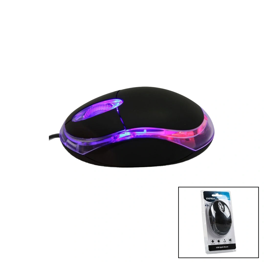 EVEREST KM-6809 ( KABLOLU USB & IŞIKLI ) SİYAH OPTİK MOUSE ( 1200 DPI ) ( VAKUMLU AMBALAJ ) (110CM KABLO)*80