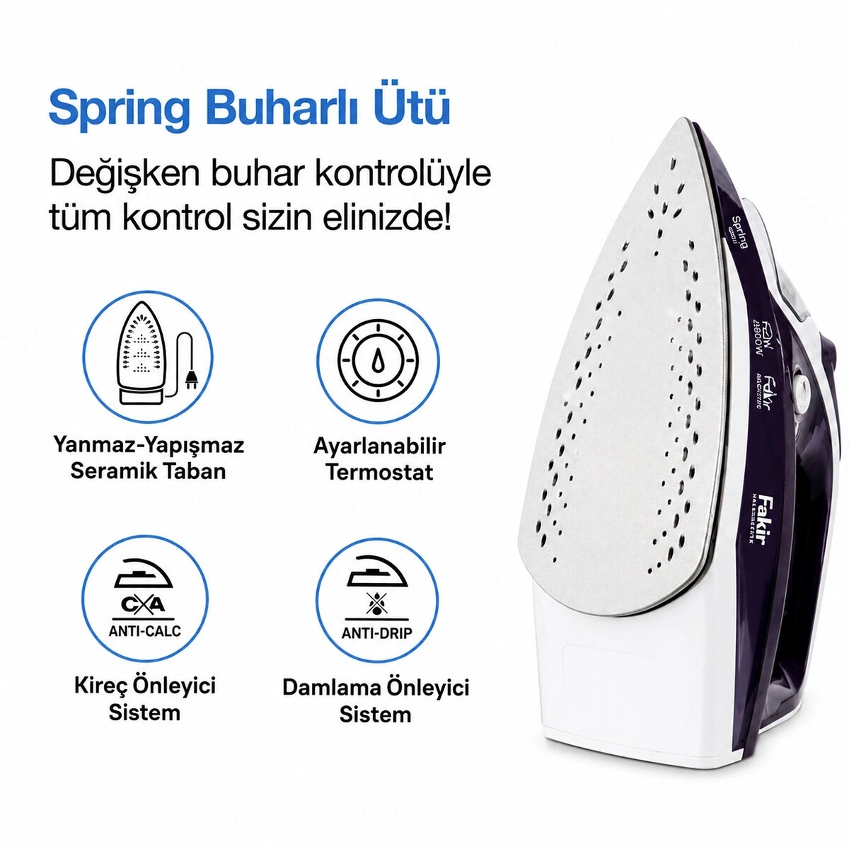 FAKİR SPRING ( PURPLE = MOR ) BUHARLI ÜTÜ SERAMİK TABAN 2600W ( BUHAR 30-120GR)*6