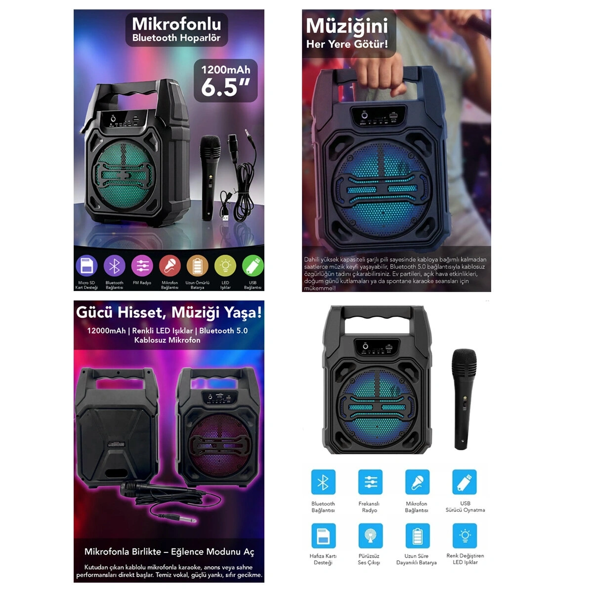 FANTASTİC QUALITY Q-MAX PS-1283 ( 6.5 ) BLUETOOTH WİRELESS MİKROFONLU HOPARLÖR & SPEAKER ( USB SARJLI ) ( AUX & TF & USB)*18