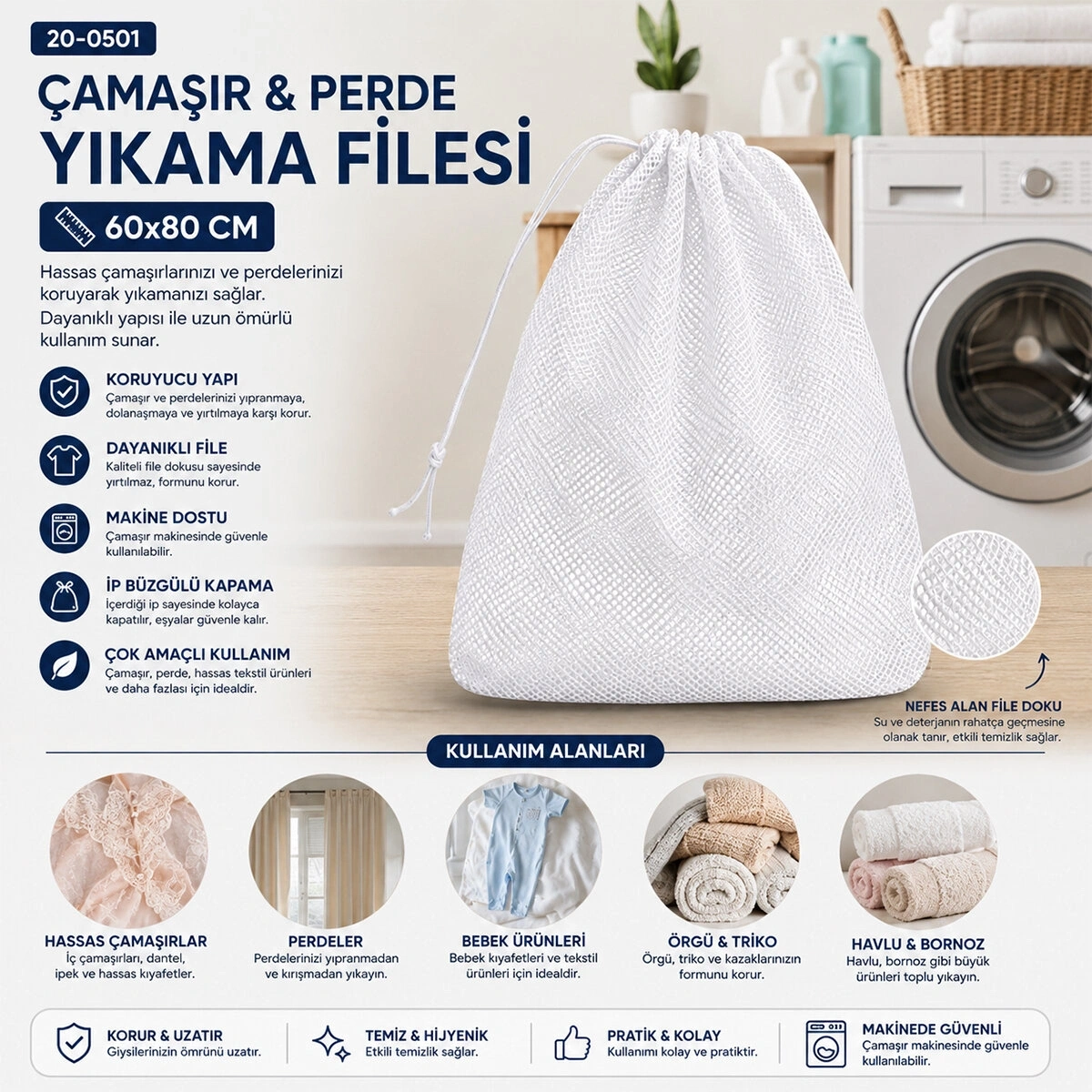 FERZİN EL ALETLERİ ( 60X80CM ) ÇAMAŞIR & PERDE YIKAMA FİLESİ*30X1