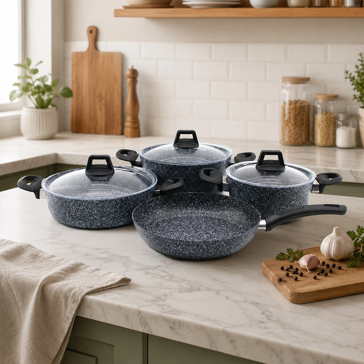 GAB ÇIRAĞAN ( GRİ ) ( 7 PARÇA ) GRANİT TENCERE & TAVA SETİ ( 20-24CM DERİN & 27CM BASIK CAM KAPAK TENCERE & 26CM TAVA)*1