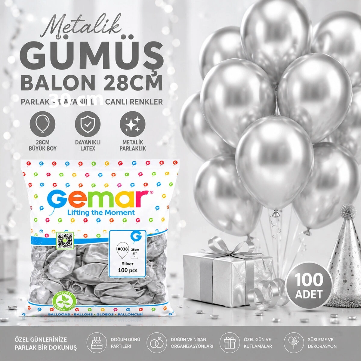 GEMAR GM-110-38 ( METALİK & GÜMÜŞ & SİLVER ) BALON ( 11 & 28CM & 100PCS )*1X50