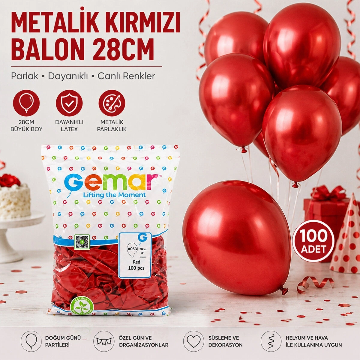 GEMAR GM-110-53 ( METALİK & KIRMIZI ) BALON ( 11 & 28CM & 100PCS )*1X50