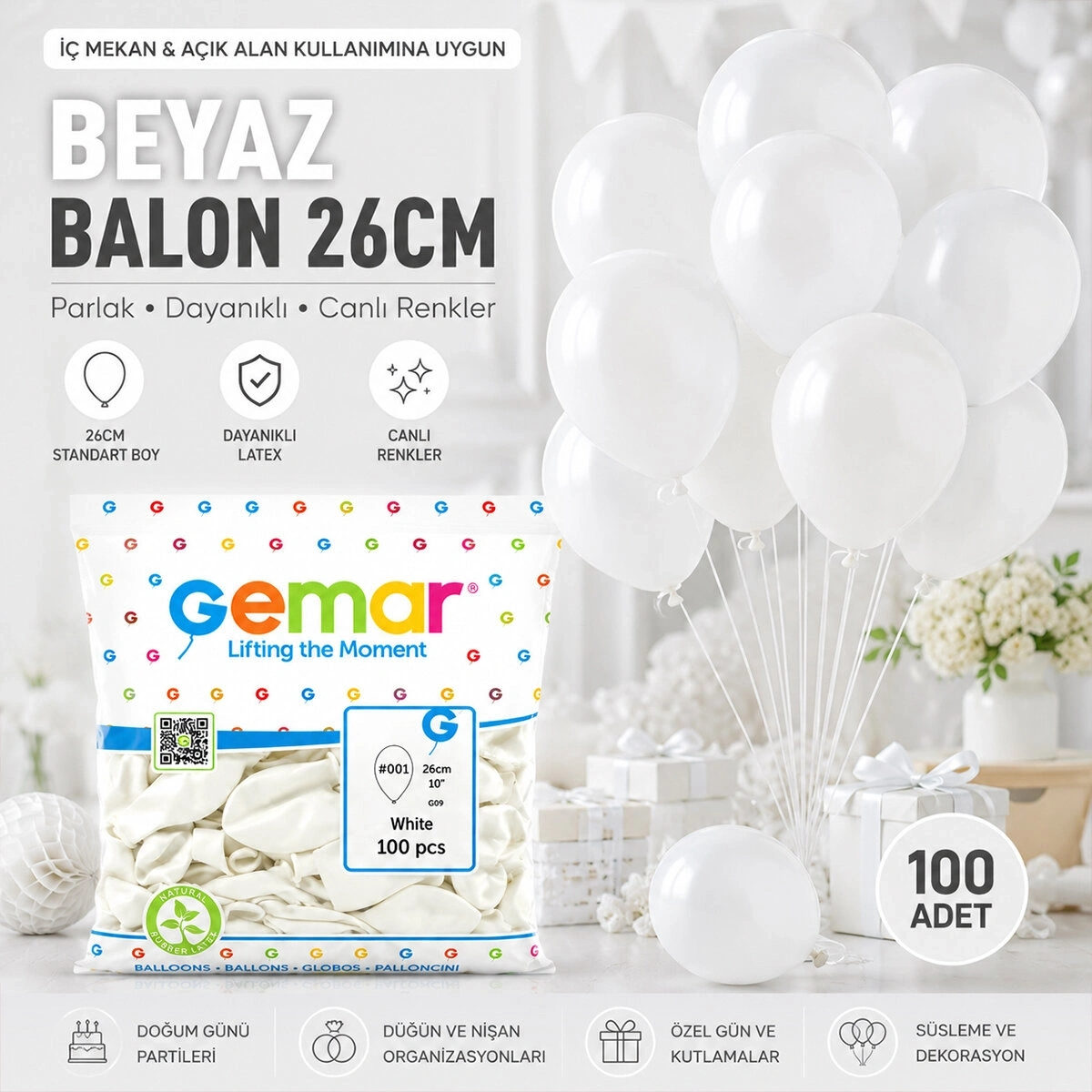 GEMAR GM-90-01 ( İÇ MEKAN & BEYAZ ) BALON ( 10 & 26CM & 100PCS )*1X100