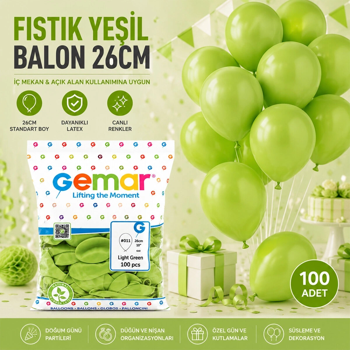 GEMAR GM-90-11 ( İÇ MEKAN & FISTIK YEŞİL ) BALON ( 10 & 26CM & 100PCS )*1X100