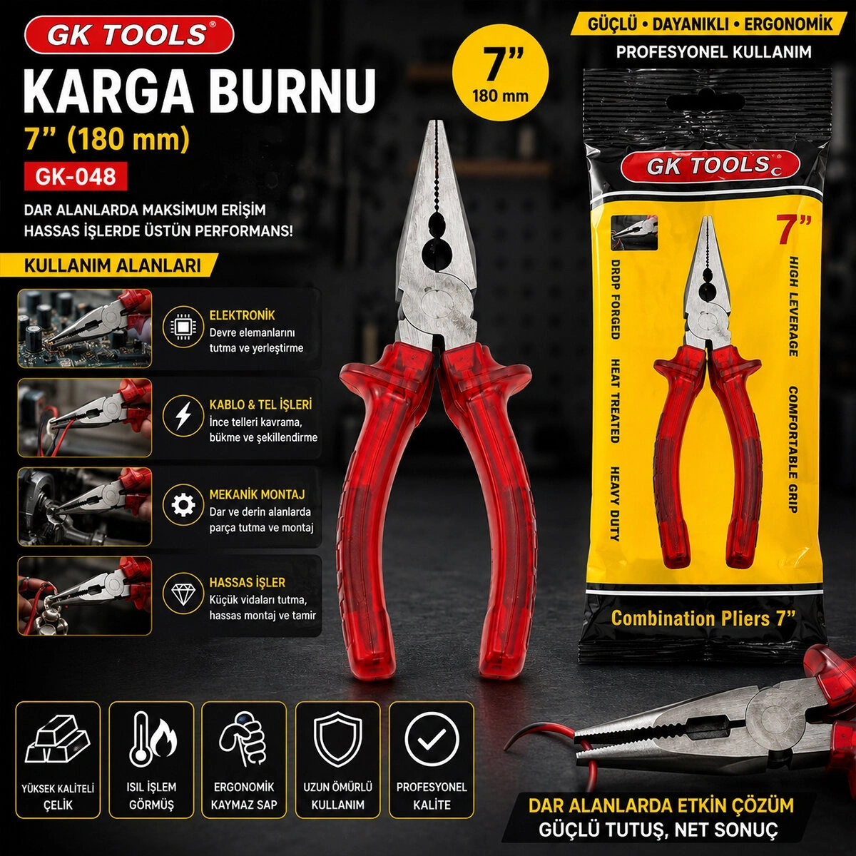 GK TOOLS ( KIRMIZI & ŞEFFAF ) ( 7 ) ( SAPLI ) KARGA BURNU ( 180MM) *6X20