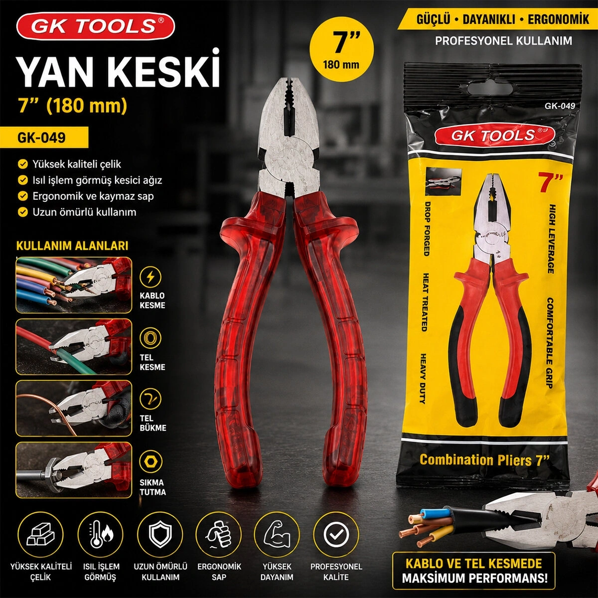 GK TOOLS ( KIRMIZI & ŞEFFAF ) ( 7 ) ( SAPLI ) YAN KESKİ ( 180MM )*6X20
