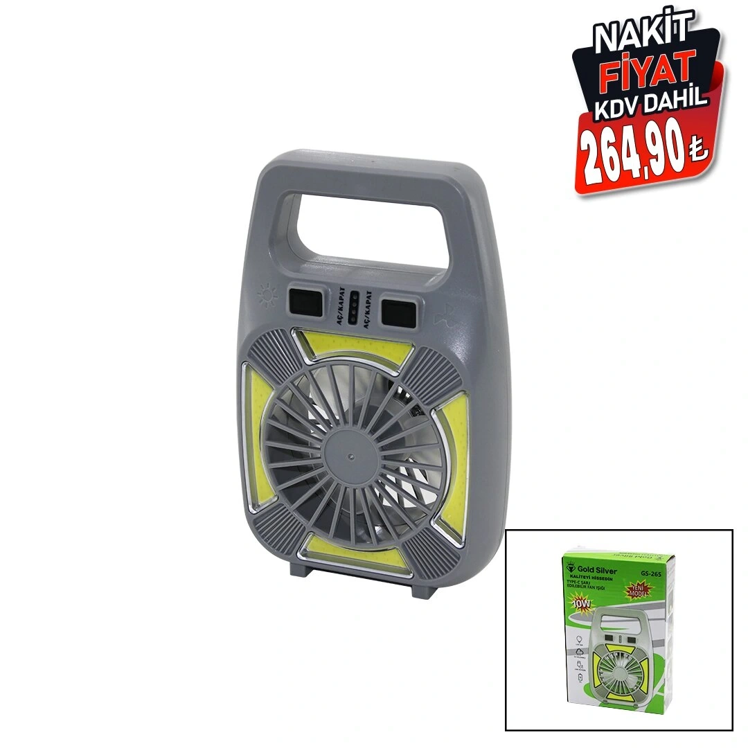 GOLD SİLVER GS-265 (2İN1=MİNİ FAN & FENER) (USB ŞARJ) (2 KADEME HIZ) (LAMBA=4 FONKSİYON & 10W) (SU GEÇİRMEZ)(TAŞIMA KULP) MİNİ VANTİLATÖR*80