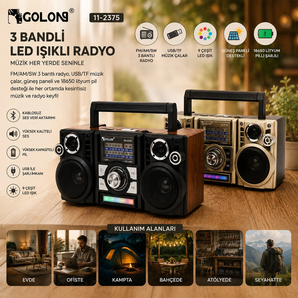 GOLON RX-65SD PLATOON PL-4706 ( SOLAR PANELLİ ) ( ŞARJLI & HOPARLÖR ) ( BLUETOOTH ) ( İBRELİ ) FM RADYO ( MP3 USB & TF PLAYER ) SPEAKER*30