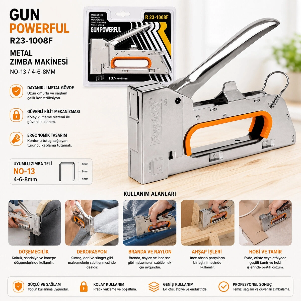 GUN POWERFUL R23-1008F ( METAL ) ( MOBİLYA ) ZIMBA MAKİNESİ ( NO-13 / 4-6-8MM )*60
