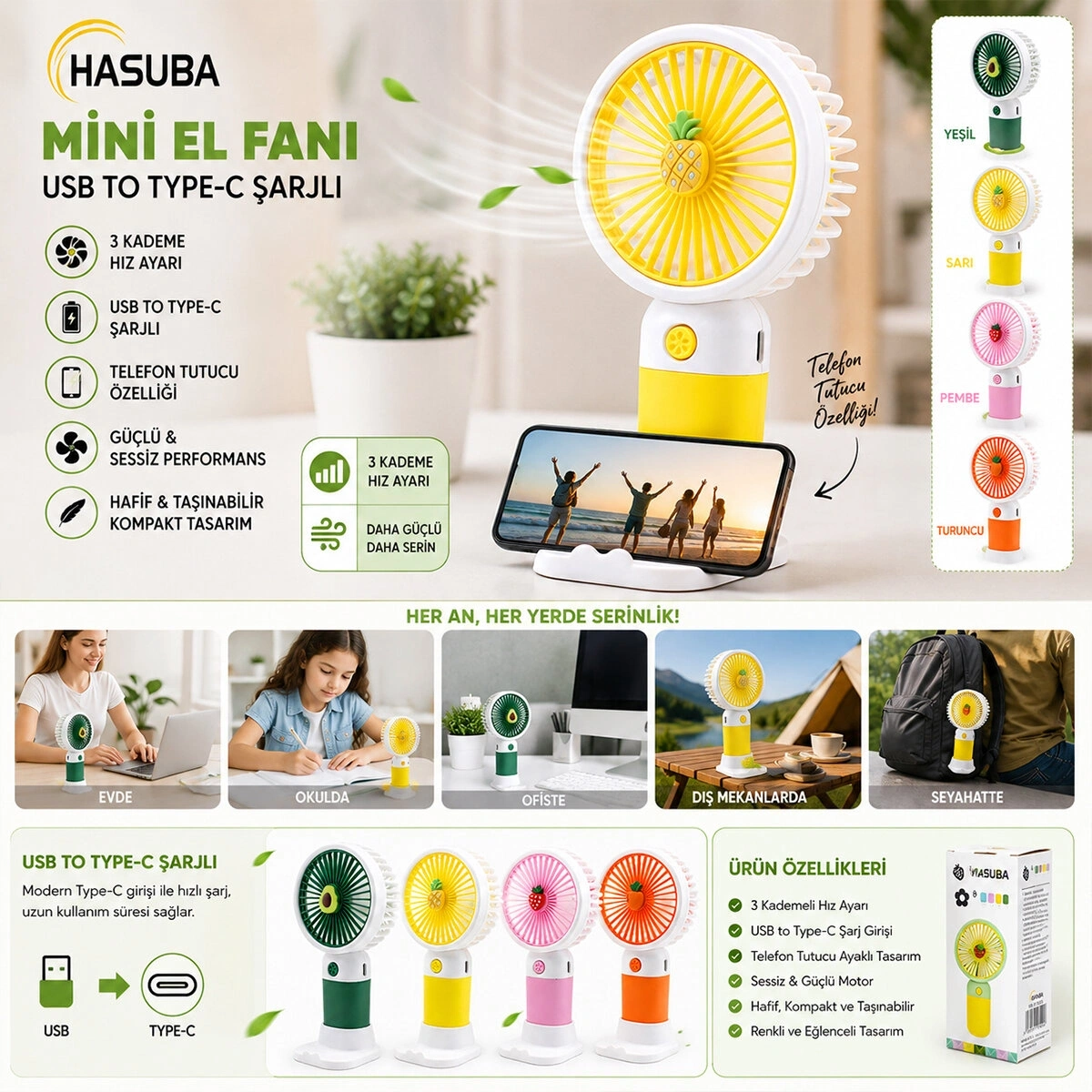HASUBA HS-287 MİNİ EL FANI ( USB TO TYPC-E ŞARJLI ) ( 3 KADEME HIZ AYAR) ( M.ÜSTÜ AYAKLI ) VANTİLATÖR RENKLİ*144
