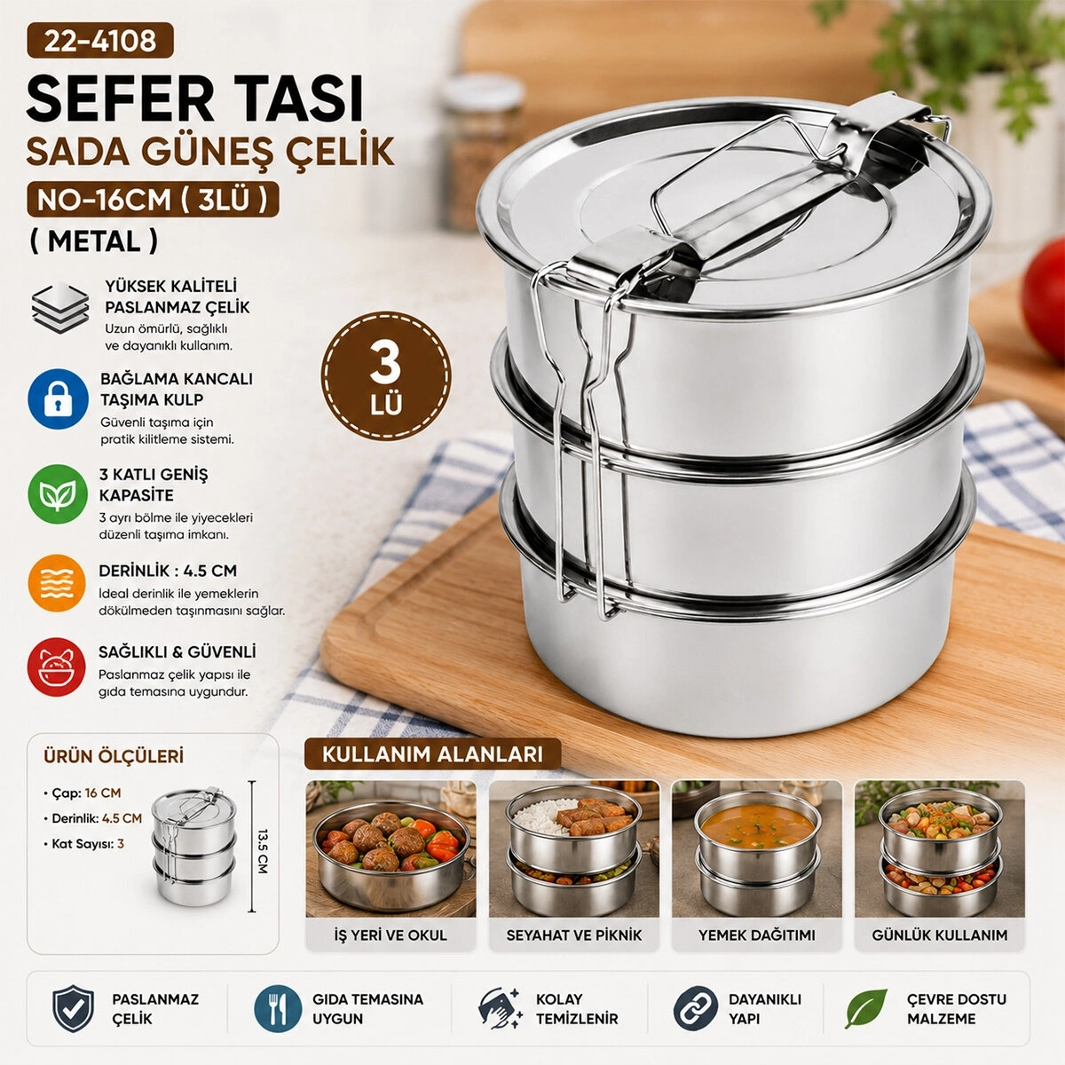 İBİCO ÇELİK NO-16CM ( 3LÜ ) ( METAL ) SEFER TASI ( TAŞIMA KULP=BAĞLAMA KANCALI )*50