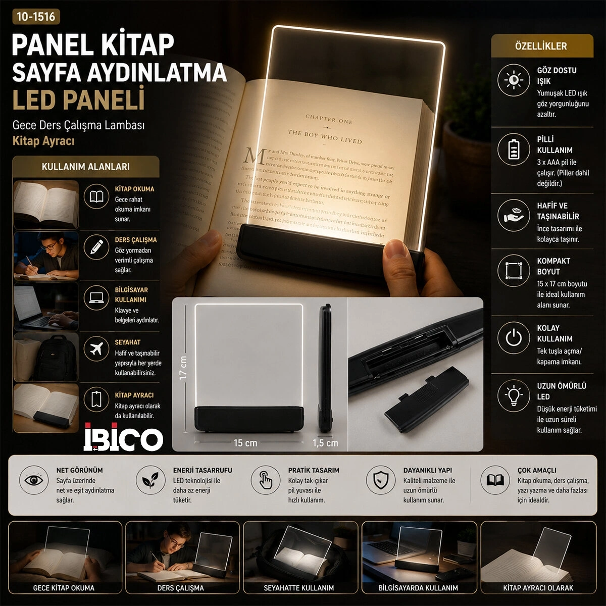 İBİCO İ10-027 LIGHT PANEL KİTAP SAYFA AYDINLATMA LED PANELİ ( KİTAP OKUMA ) ( PİLLİ ) ( 15X17CM )*150