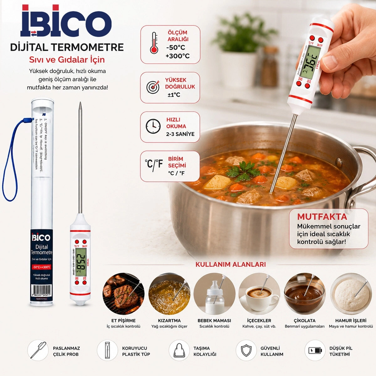 İBİCO İ11-004 DİGİTAL THERMOMETER TP-101 ( DİJİTAL ) MUTFAK ( GIDA TERMOMETRESİ ) ( ÇUBUK ŞİŞ ) ( -50 °C & +300°C )*10X20