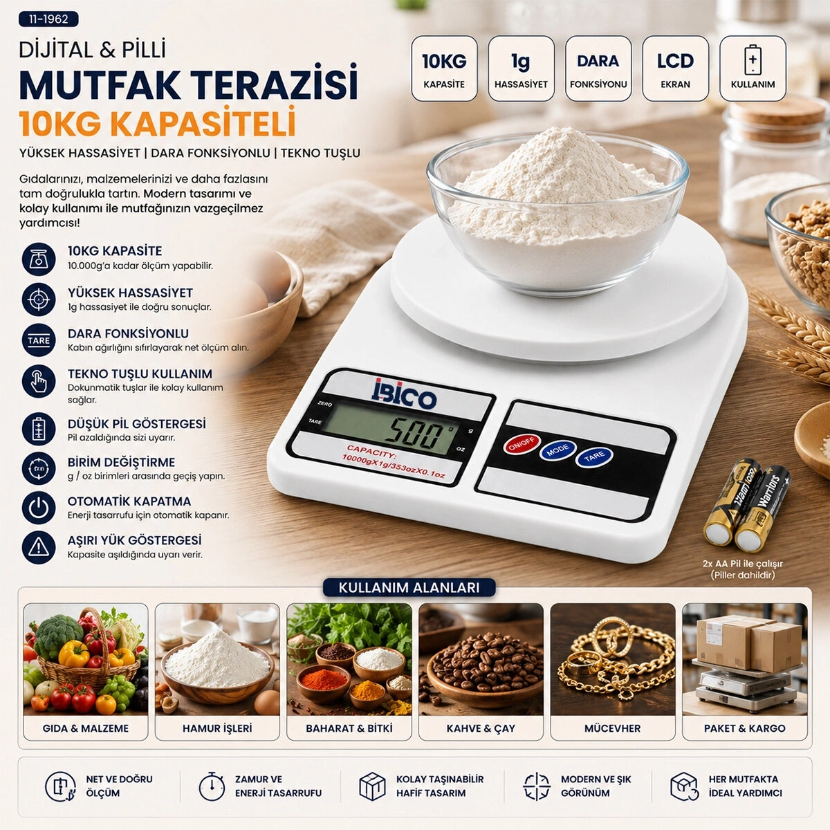 İBİCO İ11-007 SF-400 ( DİJİTAL & PİLLİ ) MUTFAK TERAZİSİ TARTI ( 10KG / 1GR )*40