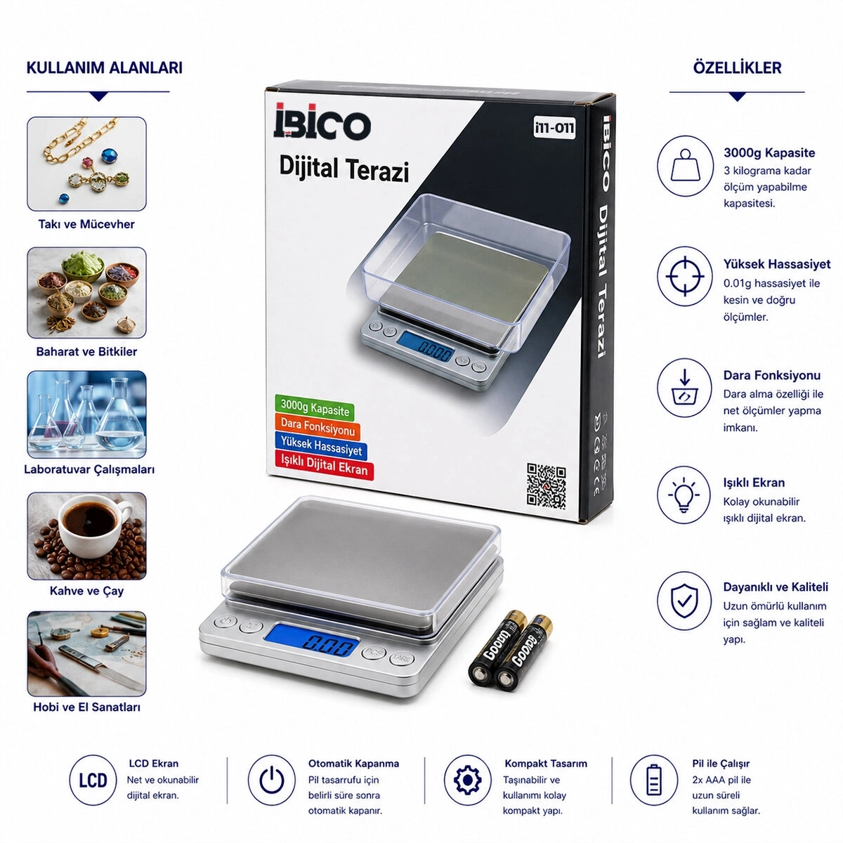 İBİCO İ11-011 SUPERIOR MINI I-2000 (3000GR/0.01GR) (MİNİ=10.5X13CM) HASSAS TARTI & TERAZİ ( ŞEFFAF PLS.KAPAK ) ( PİLLİ )*50