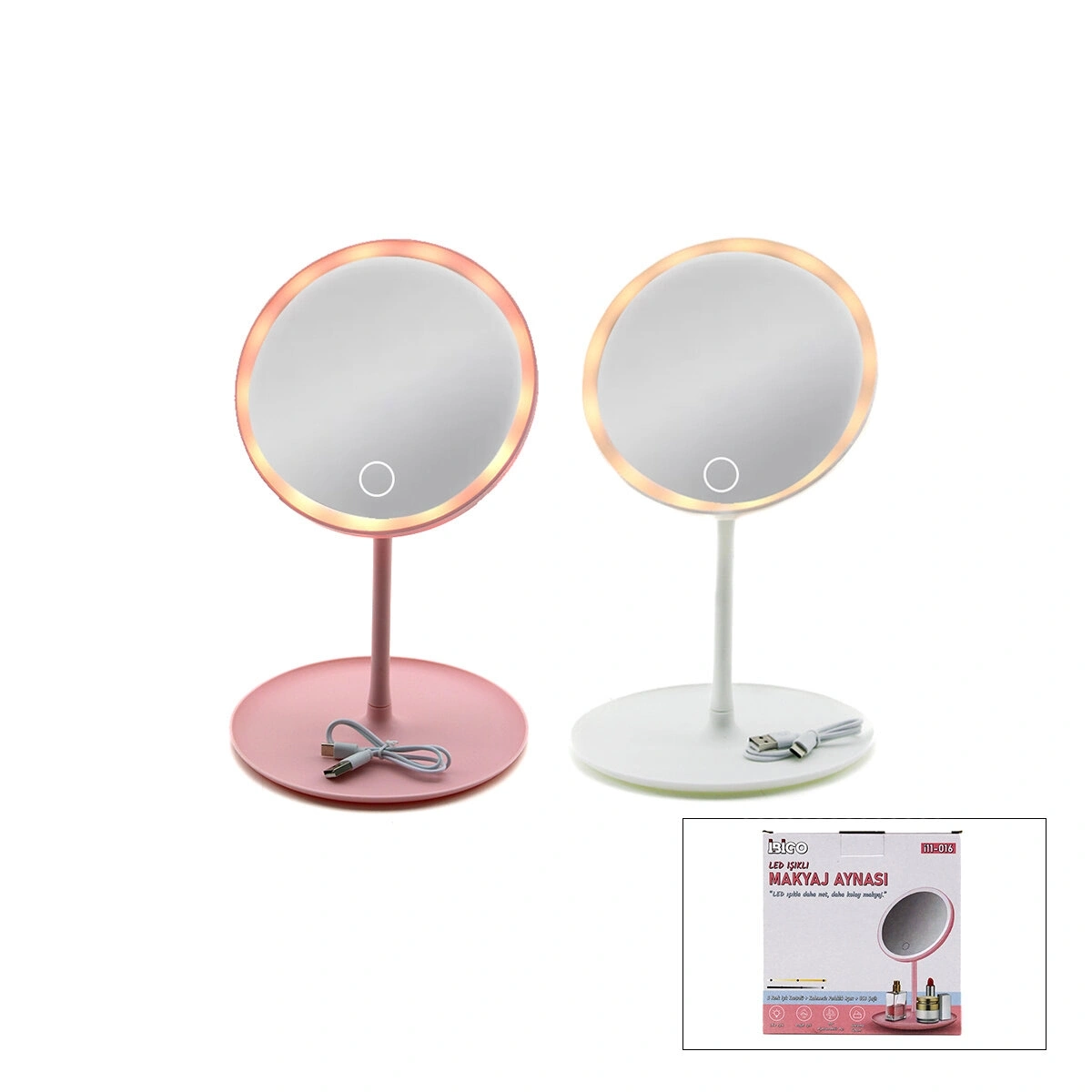 İBİCO İ11-016 ( YUVARLAK ) ( 6.5 ) ( LEDLİ & USB ŞARJLI ) MAKYAJ AYNASI ( 90° AÇI AYARLI ) ( TAKILI AYAK ) ( RENKLİ PLS )*60