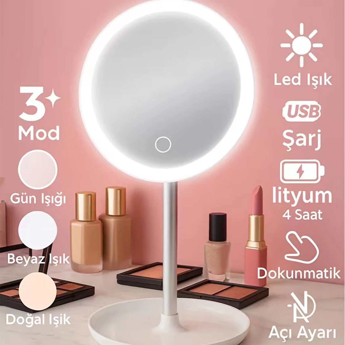 İBİCO İ11-016 ( YUVARLAK ) ( 6.5 ) ( LEDLİ & USB ŞARJLI ) MAKYAJ AYNASI ( 90° AÇI AYARLI ) ( TAKILI AYAK ) ( RENKLİ PLS )*60