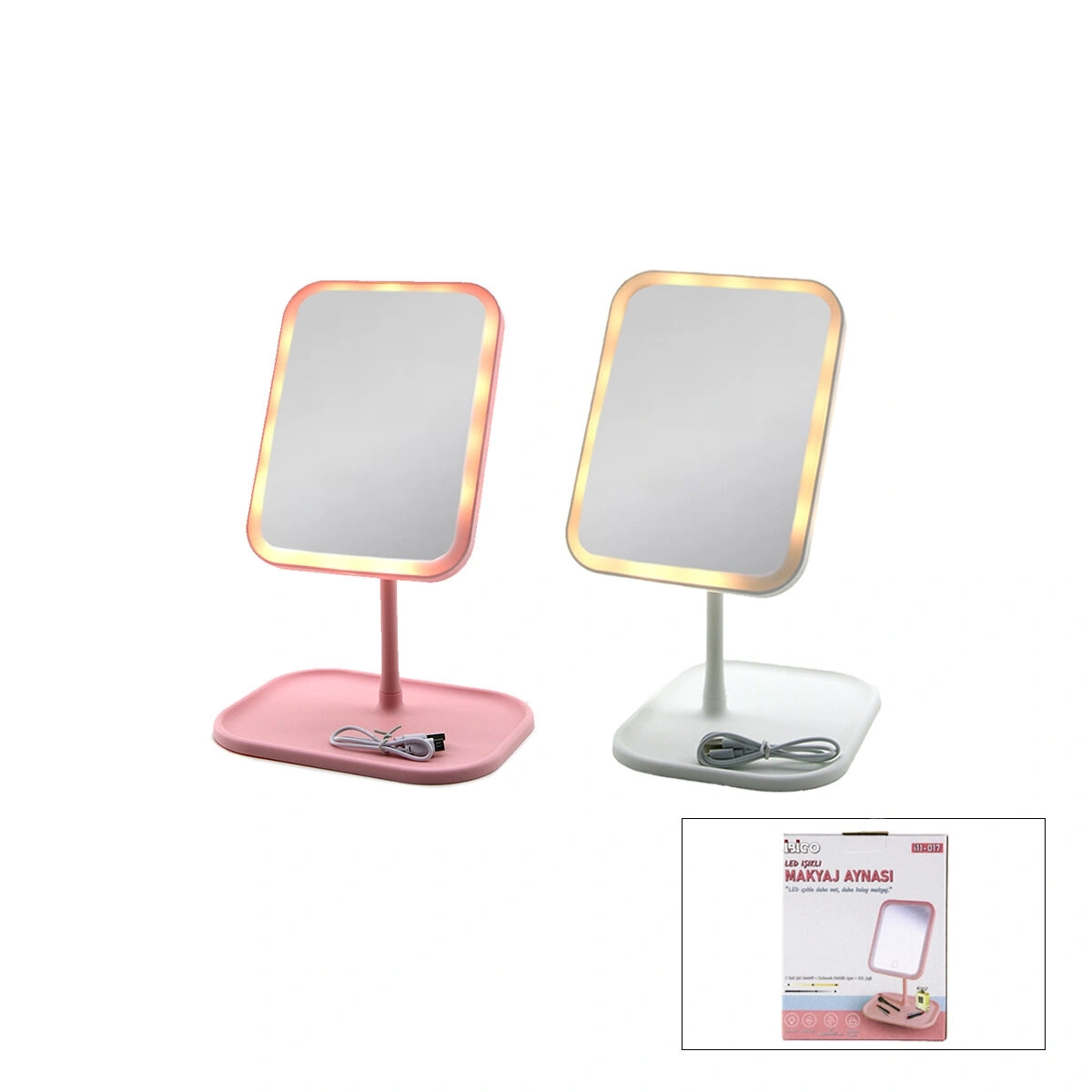 İBİCO İ11-017 ( DİKDÖRTGEN ) ( 7 ) ( LEDLİ & USB ŞARJLI ) MAKYAJ AYNASI ( 90° AÇI AYARLI ) ( TAKILI AYAK ) ( RENKLİ PLS )*60