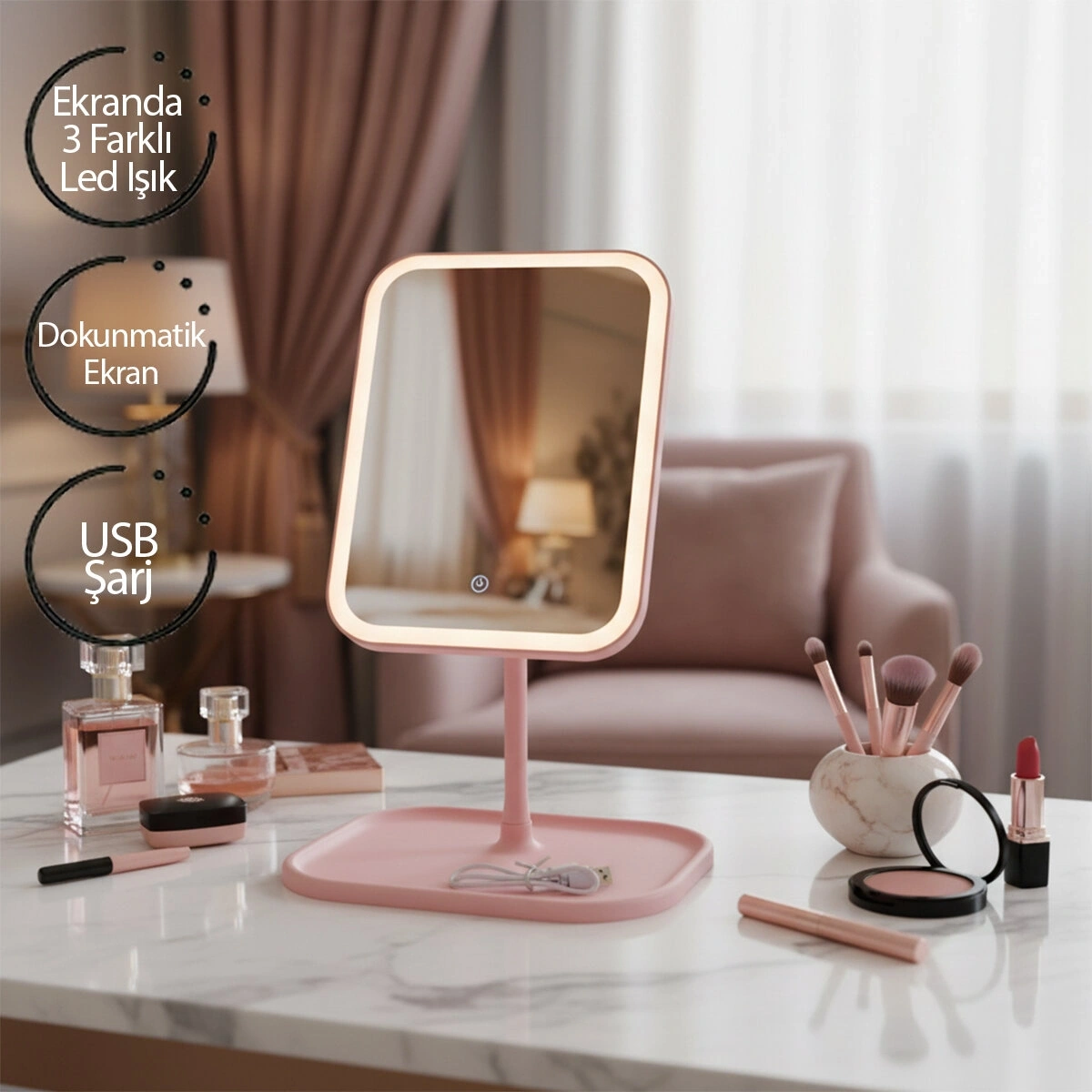İBİCO İ11-017 ( DİKDÖRTGEN ) ( 7 ) ( LEDLİ & USB ŞARJLI ) MAKYAJ AYNASI ( 90° AÇI AYARLI ) ( TAKILI AYAK ) ( RENKLİ PLS )*60