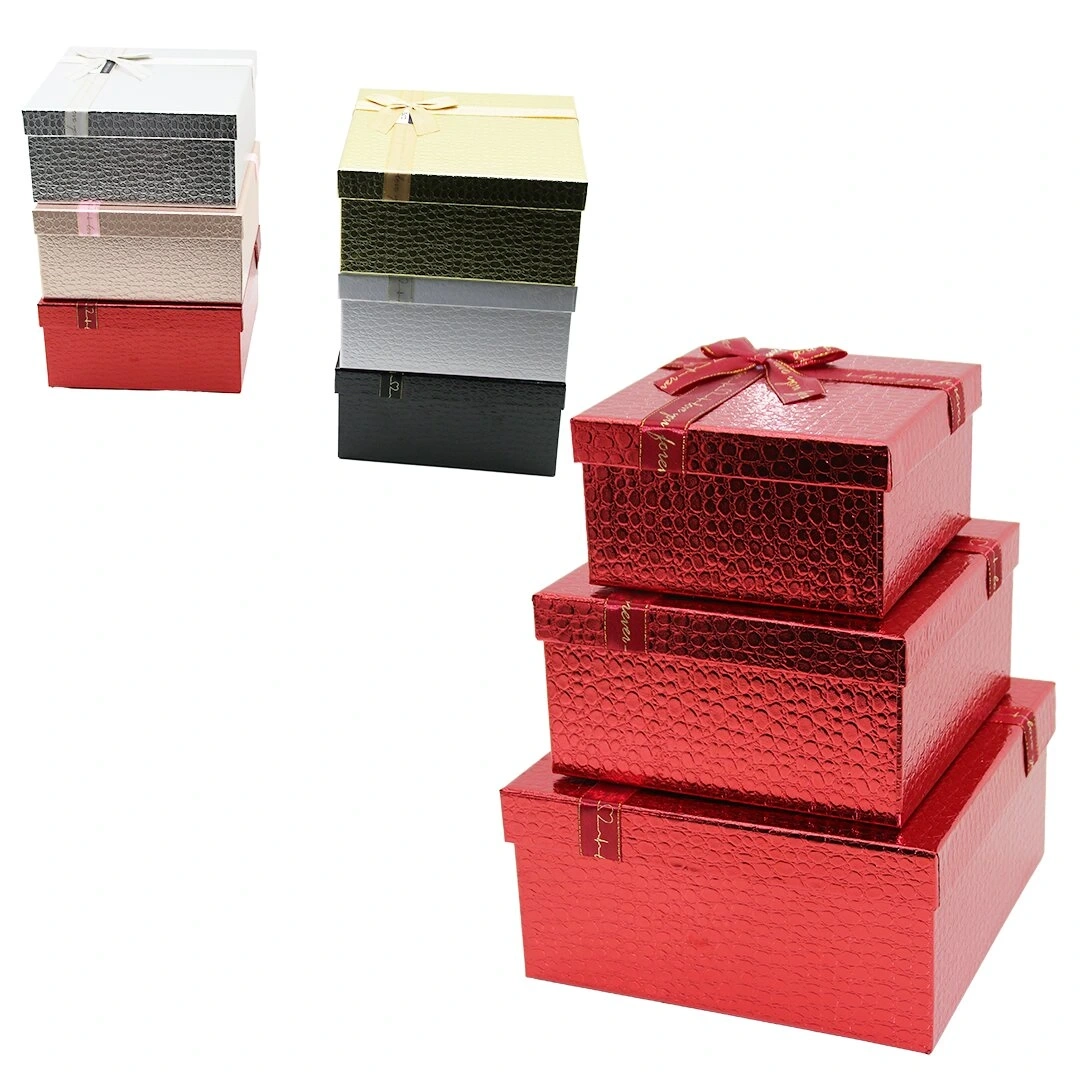 İBİCO İ12-095 (3PCS) (KARE) (PARLAK MİX RENKLİ & KABARTMA DESEN) KARTON HEDİYE KUTUSU (KURDELALI) (25-21-17CM)*24