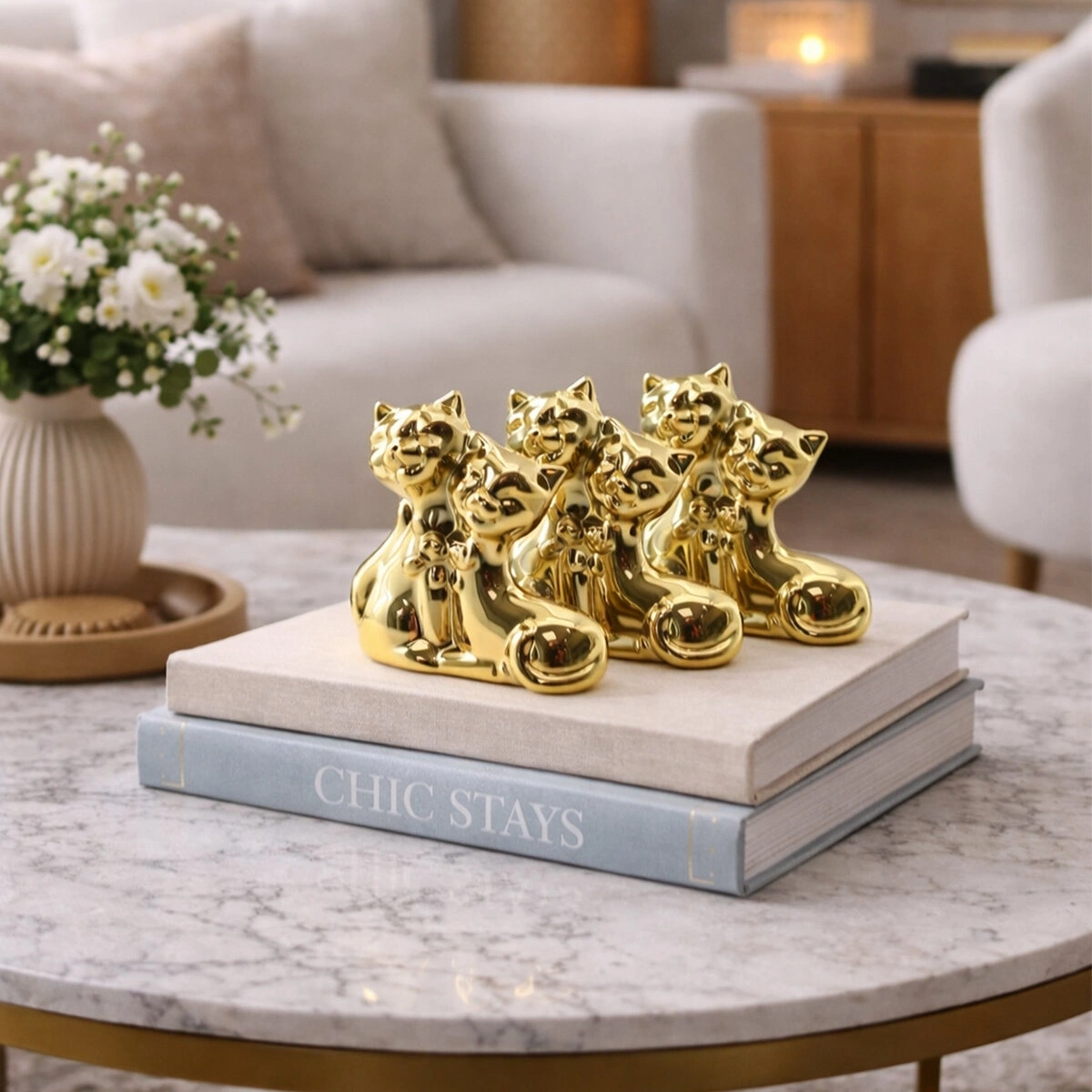 İBİCO İ12-143 ( ÇİFT KEDİ & ORTA ) ( GOLD & SERAMİK ) BİBLO & DEKORATİF SÜS EŞYASI*12X12