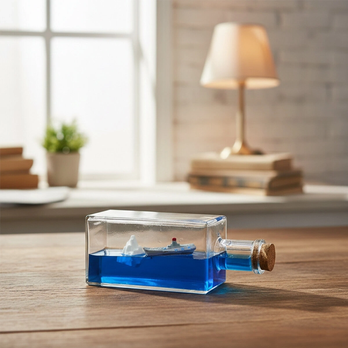 İBİCO İ12-224 (MAVİ SU) (GEMİ & ADA) (DİKDÖRTGEN MİKA ŞİŞE) YÜZEN BATMAYAN (DEKORATİF BİBLO AKVARYUM)(4.2X6.4X17CM)*48