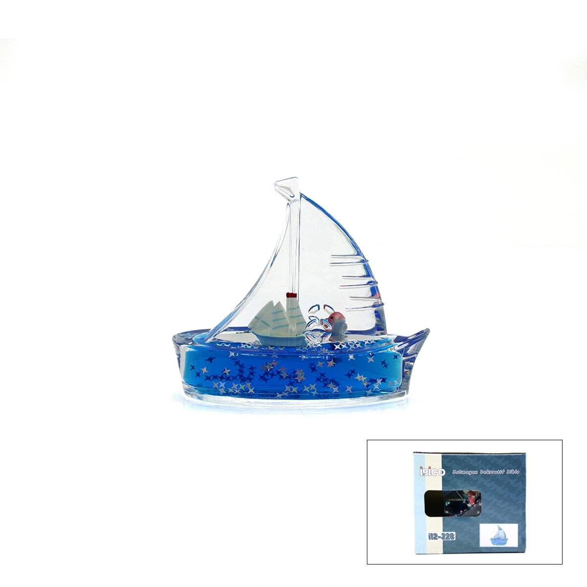 İBİCO İ12-228 (MAVİ SU) (GEMİ & BALIK) (GEMİ MİKA ŞİŞE) YÜZEN BATMAYAN (DEKORATİF BİBLO AKVARYUM) ( 10 & 12CM )*72