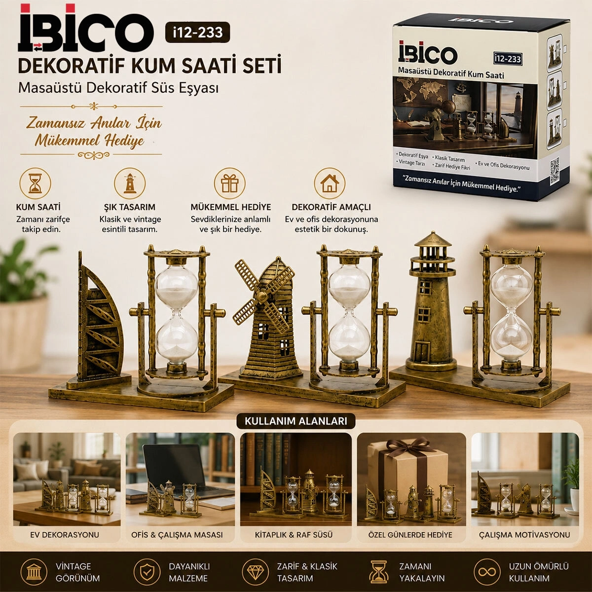 İBİCO İ12-233 MASAÜSTÜ DEKORATİF KUM SAATİ PLASTİK & SÜS EŞYASI*60