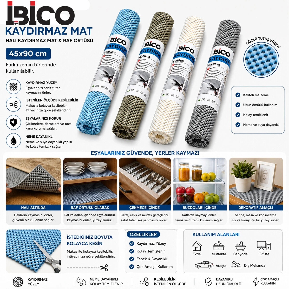 İBİCO İ13-001 ( 45X90CM ) HALI KAYDIRMAZ MAT & RAF ÖRTÜSÜ ( MİX RENKLİ )*12X10