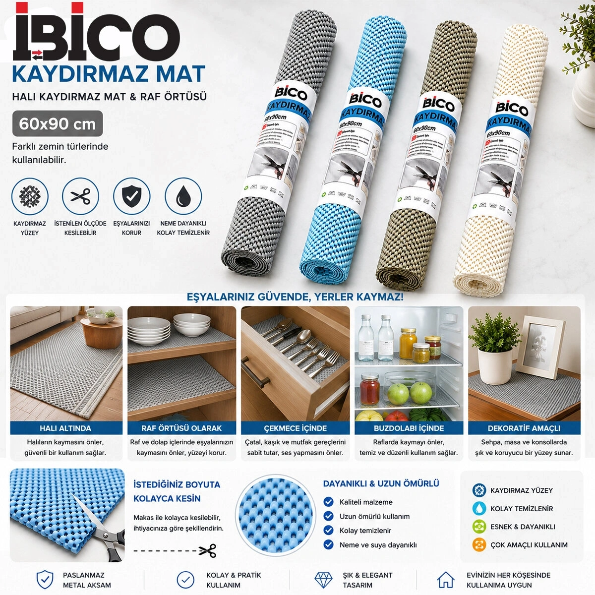 İBİCO İ13-002 ( 60X90CM ) HALI KAYDIRMAZ MAT & RAF ÖRTÜSÜ ( MİX RENKLİ )*12X10