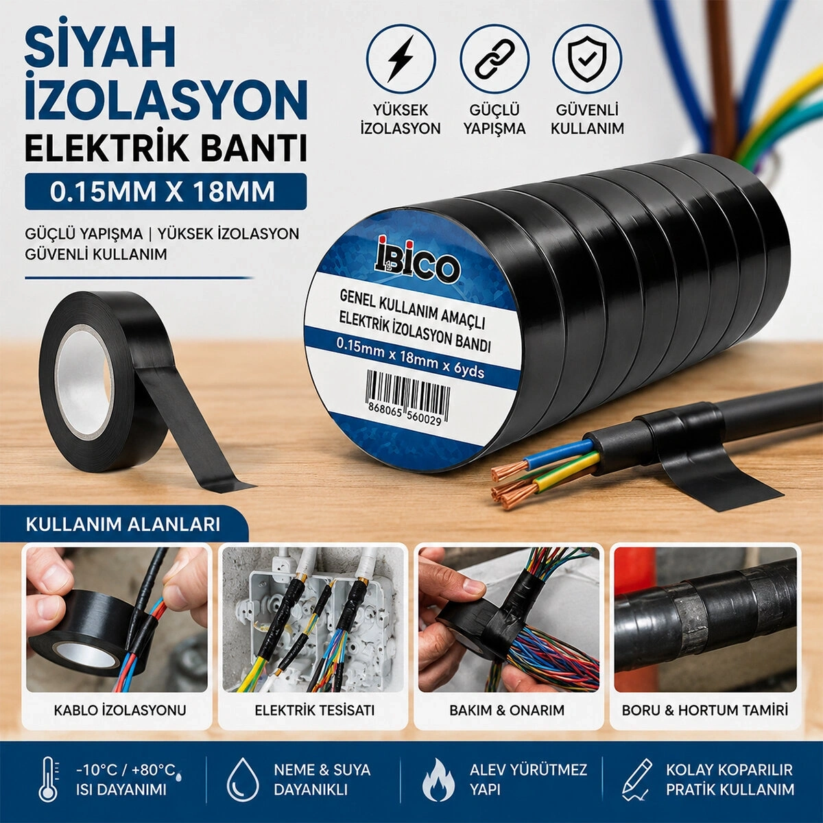 İBİCO İ13-028 ( SİYAH ) İZOLASYON ELEKTRİK BANTI ( 0.15MM X 18MM ) ( 6YDS )*10X50
