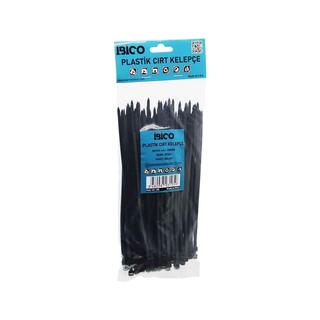 İBİCO İ13-105 ( SİYAH ) ( 4.8X200MM ) ( PLASTİK ) CIRT KELEPÇE ( KABLO BAĞI ) ( 100PCS )*10X18