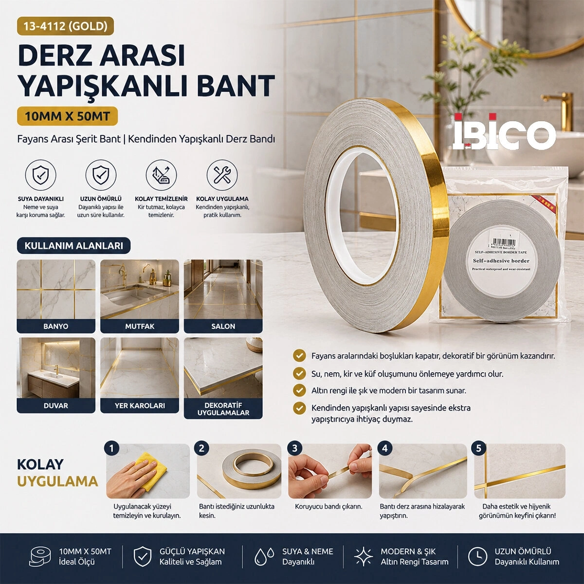 İBİCO İ13-140 ( GOLD ) DERZ ARASI YAPIŞKANLI BANT ( 10MM X 50MT ) ( BANDI )*300