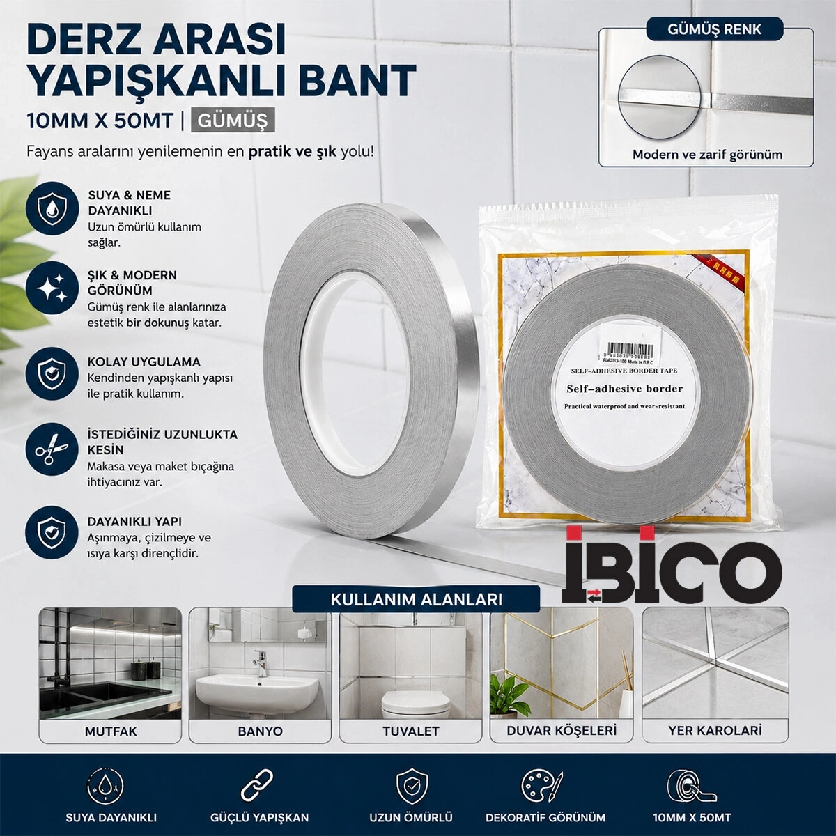 İBİCO İ13-140 ( GÜMÜŞ ) DERZ ARASI YAPIŞKANLI BANT ( 10MM X 50MT ) ( BANDI )*300