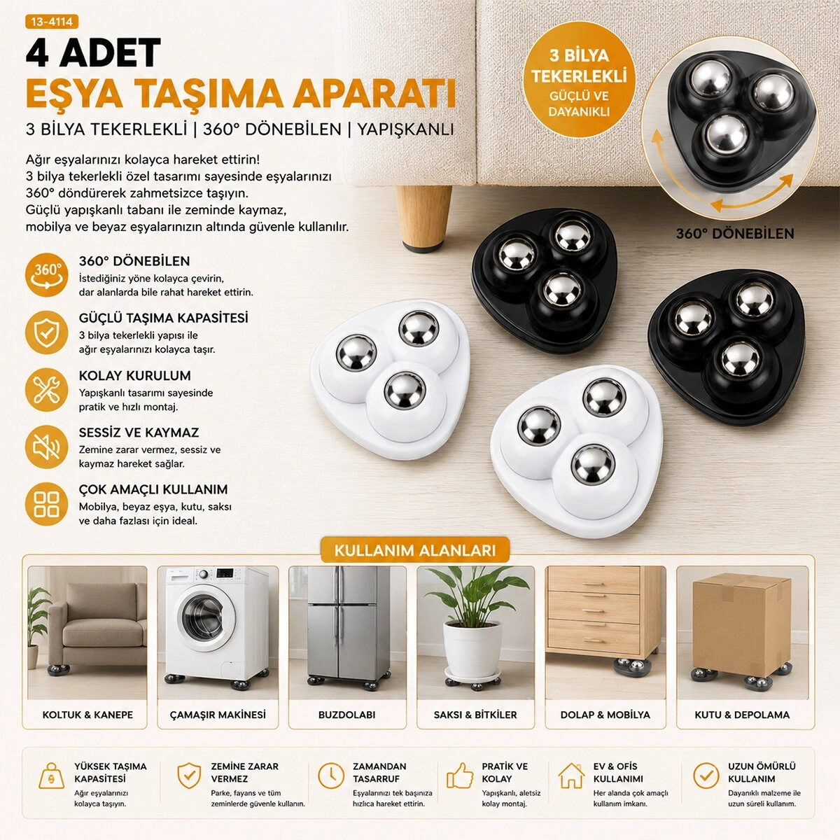İBİCO İ13-142  ( 4PCS ) ( TEK BİLYA TEKERLEKLİ ) ( POŞETLİ ) MOBİLYA EŞYA TAŞIMA APARATI ( 360° )*20X20