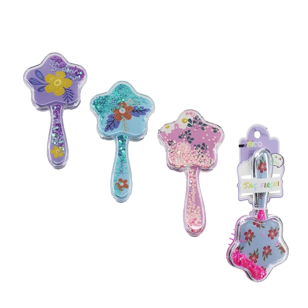 İBİCO İ15-046 (YILDIZ MODEL & ŞEFFAF MİKA SAP) ÇOCUK SAÇ FIRÇASI=(SİLİKON)TARAK (ŞEFFAF SAP=ÇİÇEK RESİM & RENKLİ YILDIZLAR)*12X20