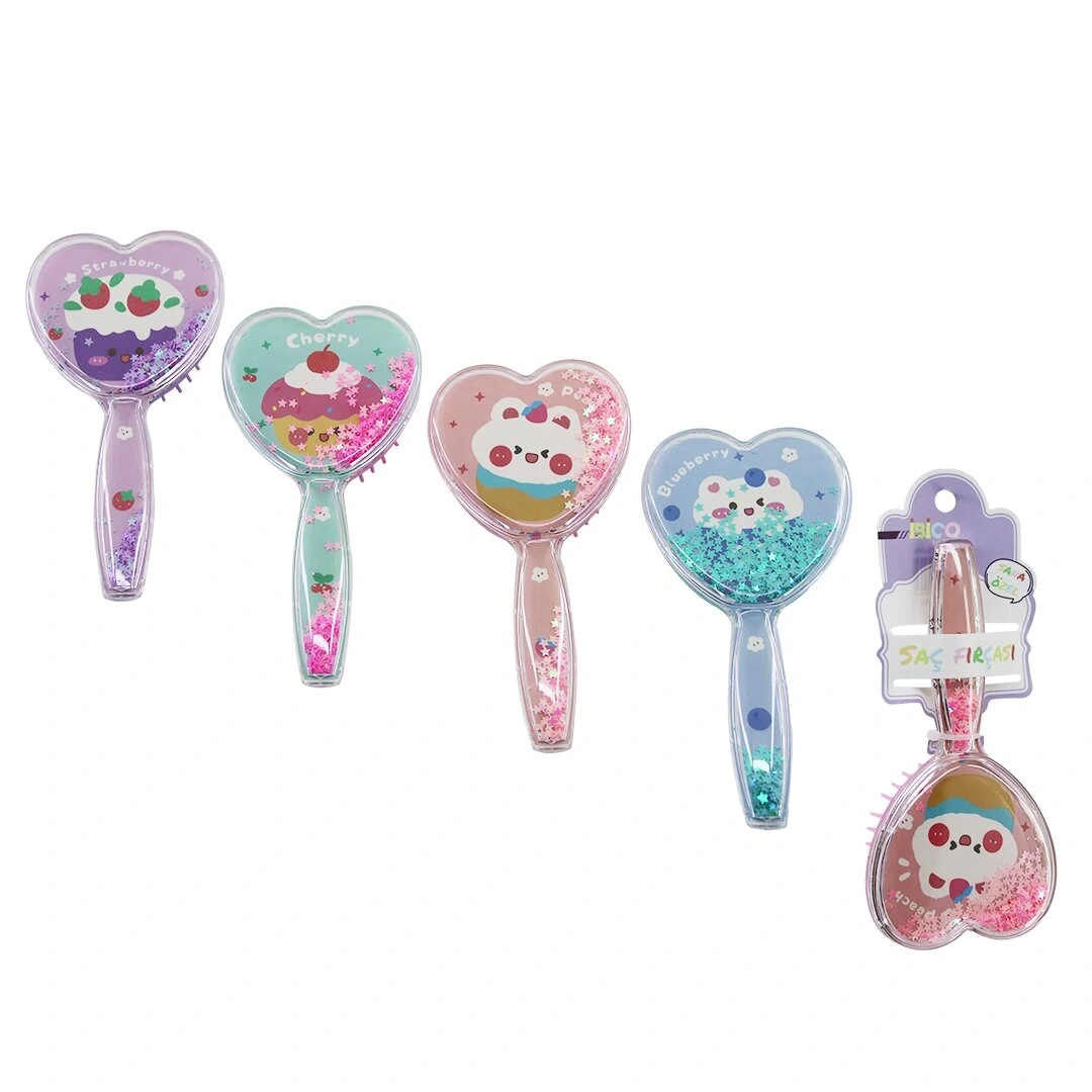 İBİCO İ15-049 (KALP MODEL & ŞEFFAF MİKA SAPLI) ÇOCUK SAÇ FIRÇASI=(SİLİKON) & TARAK (ŞEFFAF SAP=HAYVAN RESİM & RENKLİ YILDIZLAR)*12X20