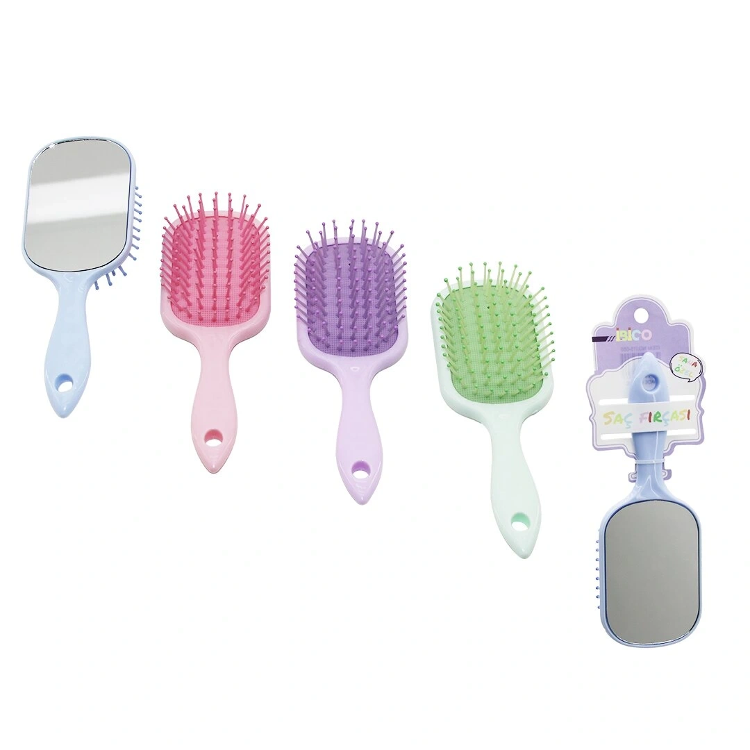 İBİCO İ15-055 ( DİKDÖRTGEN ) ( AYNALI ) ÇOCUK SAÇ FIRÇASI=PLASTİK & TARAK ( RENKLİ PLASTİK SAP)*12X20