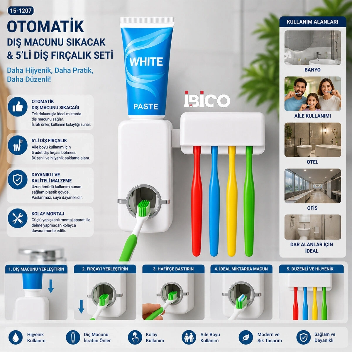 İBİCO İ15-076 TOOTHPASTE DİSPENSER ( OTOMATİK ) DİŞ MACUNU SIKACAK & ( 5Lİ ) DİŞ FIRÇALIK SETİ*120