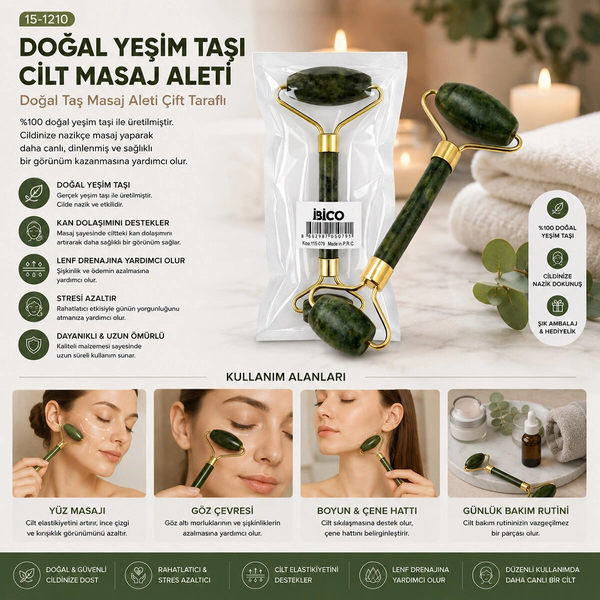 İBİCO İ15-079 DOĞAL YEŞİM TAŞI CİLT MASAJ ALETİ*10X30