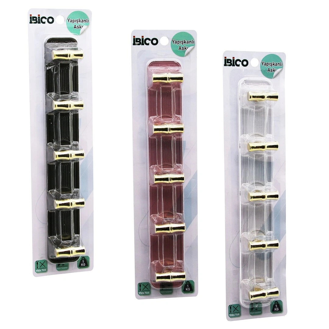 İBİCO İ17-013 ( 5 KOLLU= GOLD & ( T= Ꟶ ) YAPIŞKANLI PLS.ASKI ( MİKA KRİSTAL ŞEFFAF RENKLİ TABAN ) ( 5KG.TAŞIMA )*12X10