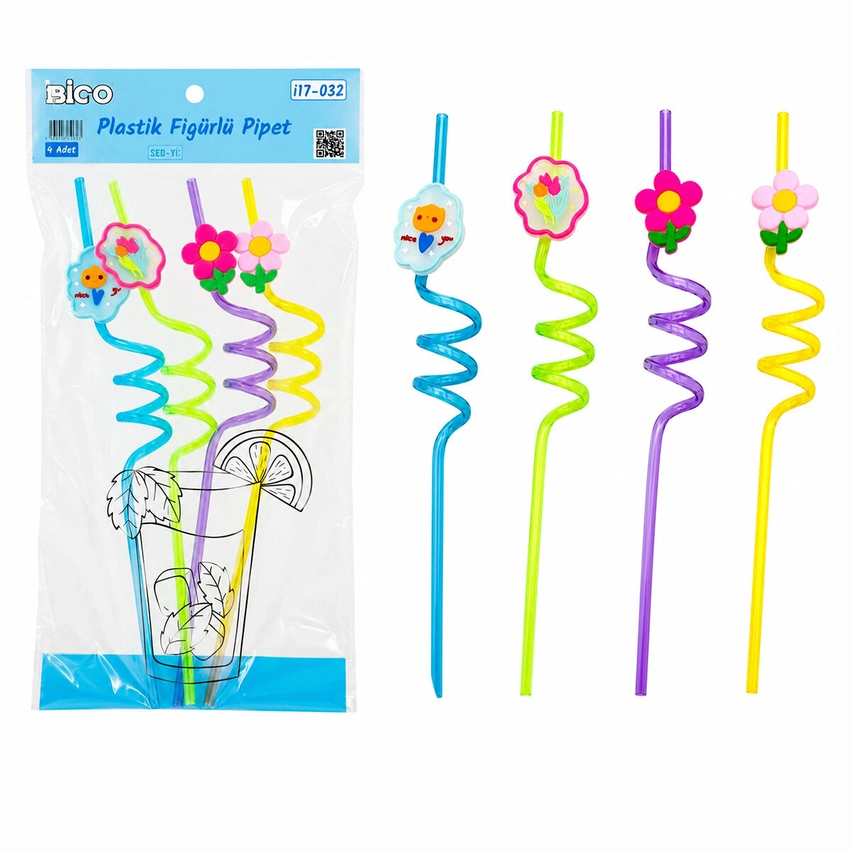 İBİCO İ17-032 ( 4PCS ) ( KIVRIMLI & RENKLİ PLASTİK ) PİPET ( FİGÜRLÜ=MİX )*240